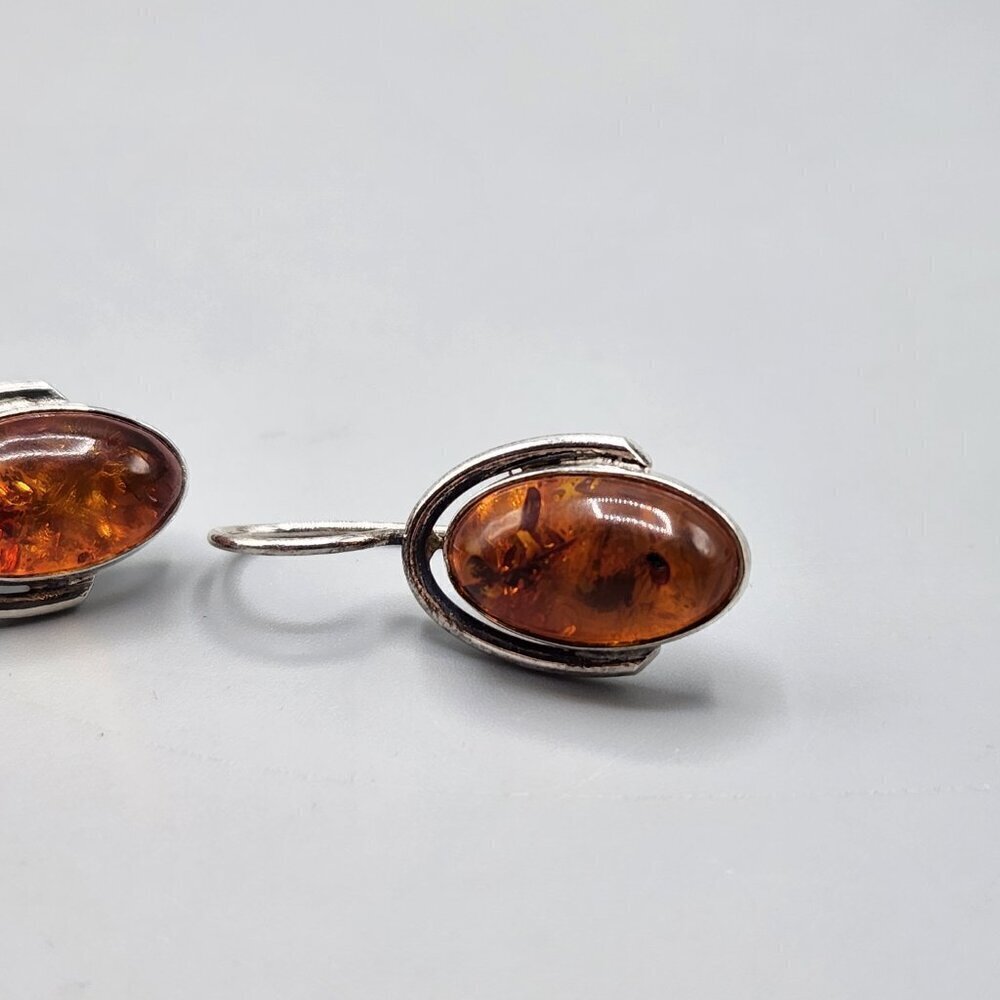 Oval Amber Drop Earrings on Sterling Silver Setting - Picture 4 of 11
